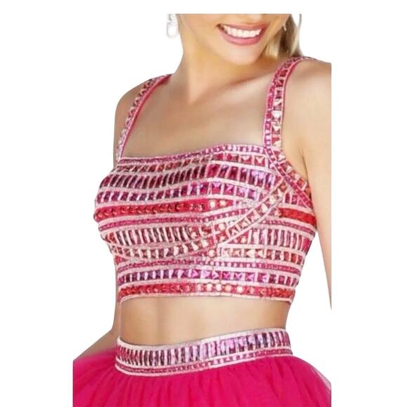 Sherri Hill 2Pc Beaded Crop Tank & Beaded Mini Skirt In Fuchsia Size 0 - Picture 4 of 6